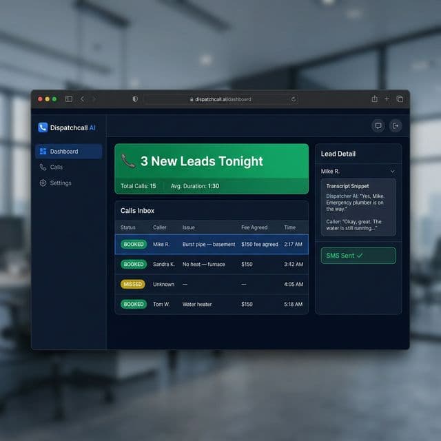 Dispatchcall AI dashboard showing 3 booked leads overnight
